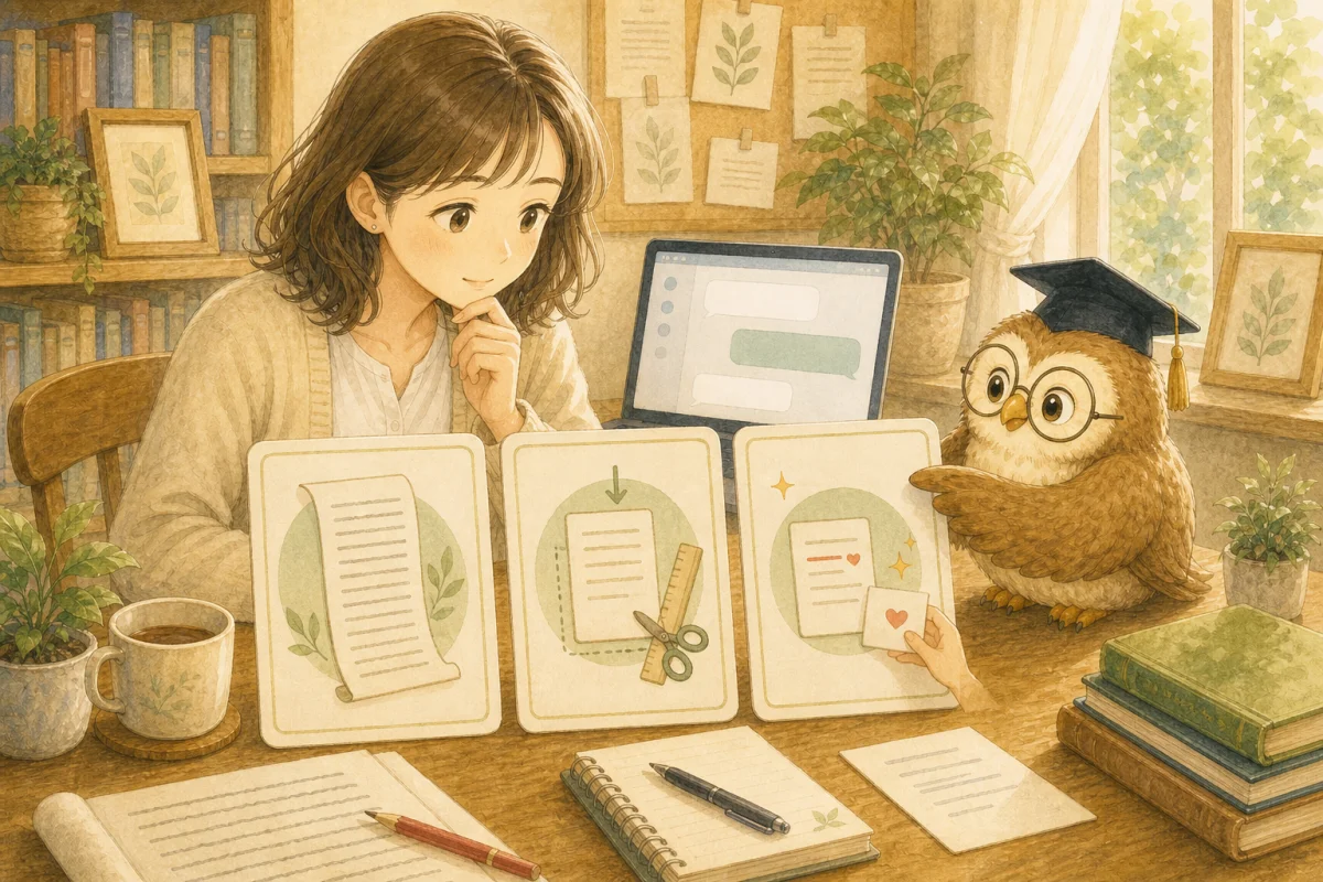 元の文はあってOK・短さは数で頼める・消えて困る点は自分で戻す、という今日のポイント