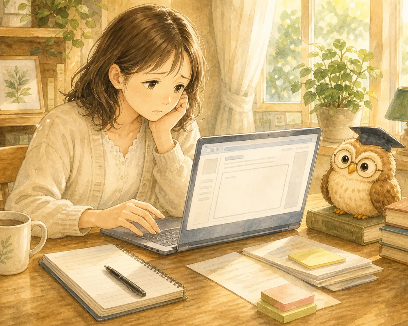木の机でメール返信に向き合う主人公