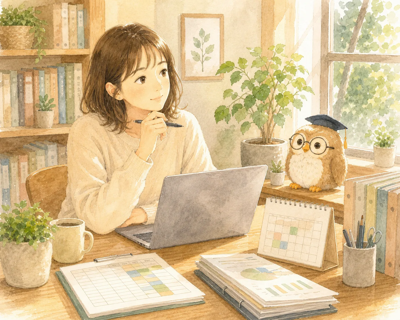 準備物のメモを前に、抜けもれがないか不安そうに考えている主人公
