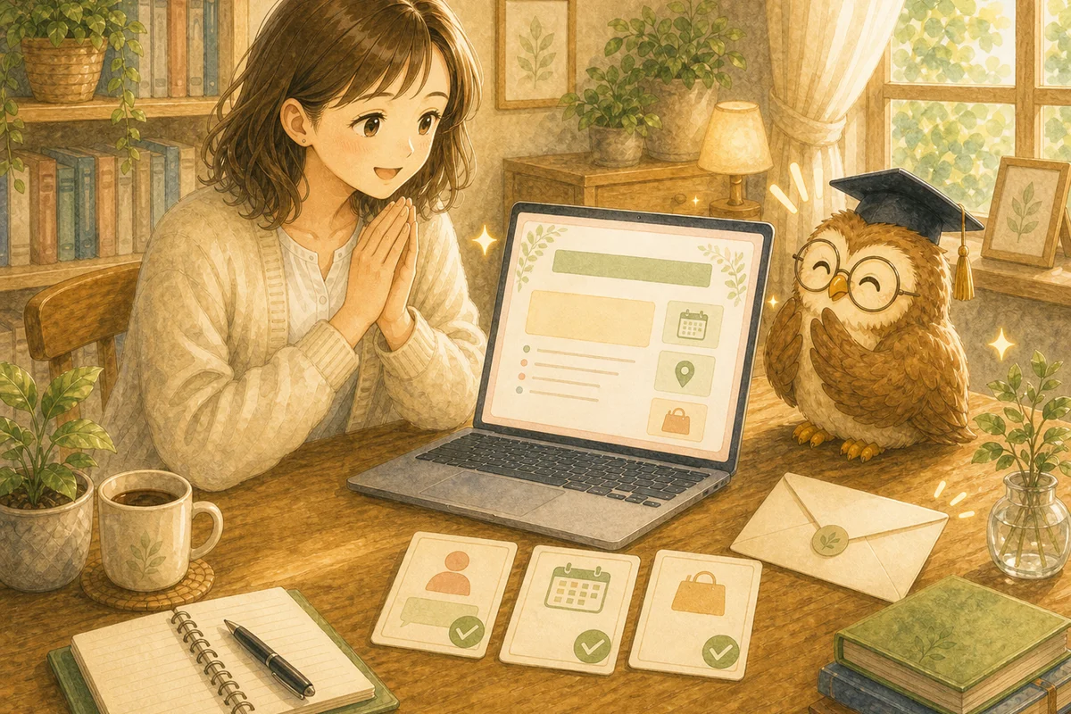 仕上がったお知らせ文を前に安心して微笑む相談者