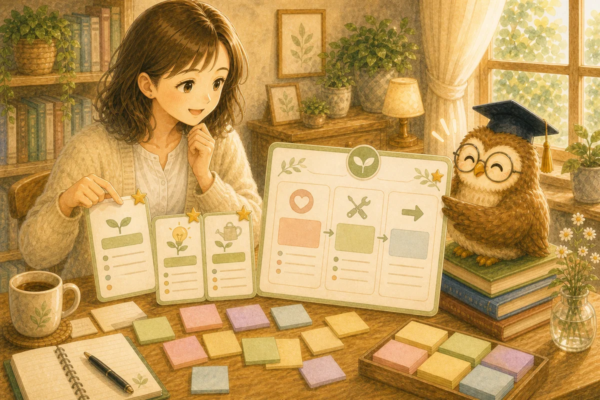 アイデアの種を選び終えて楽しそうに微笑む相談者