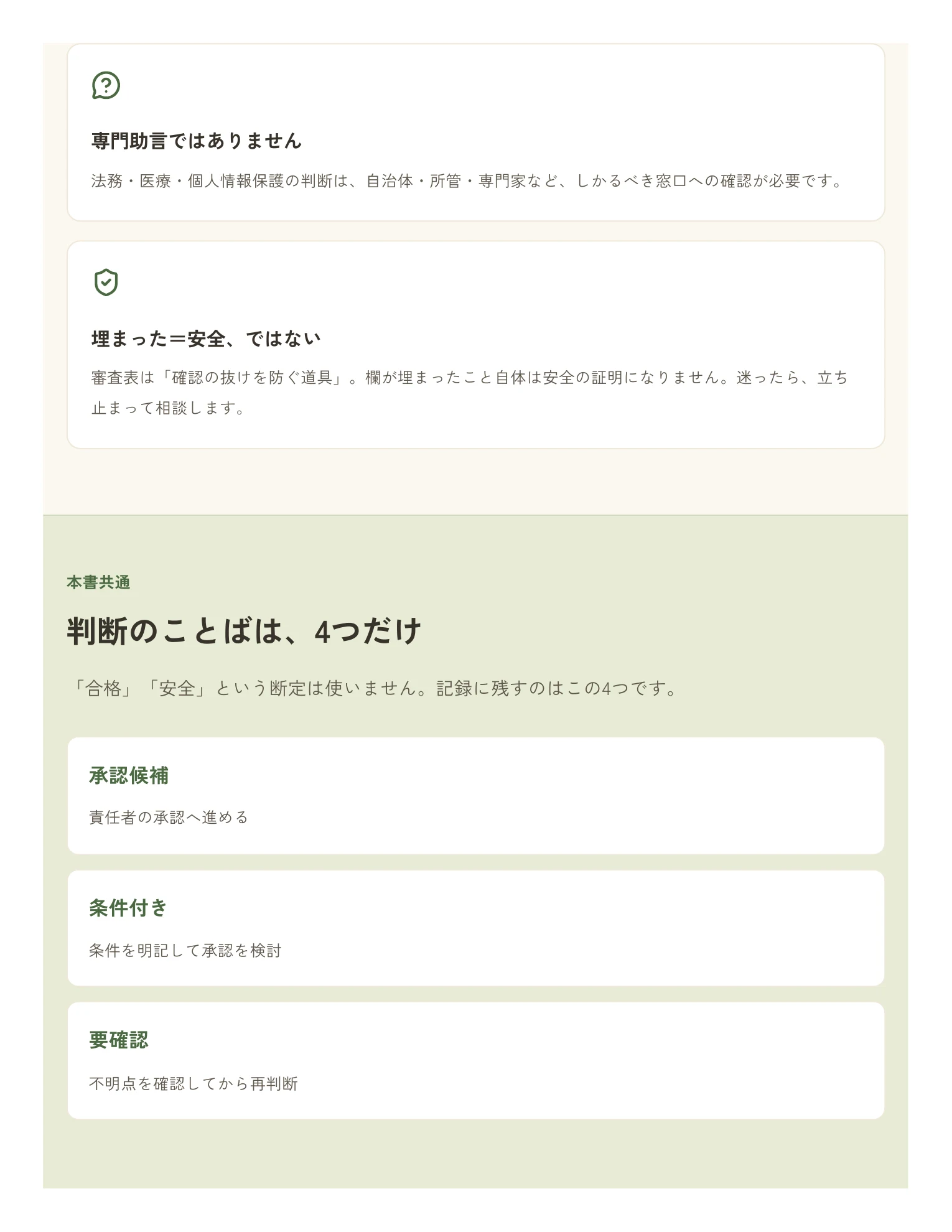 承認候補・条件付き・要確認・見送りという4つの判断を説明する無料サンプルのページ