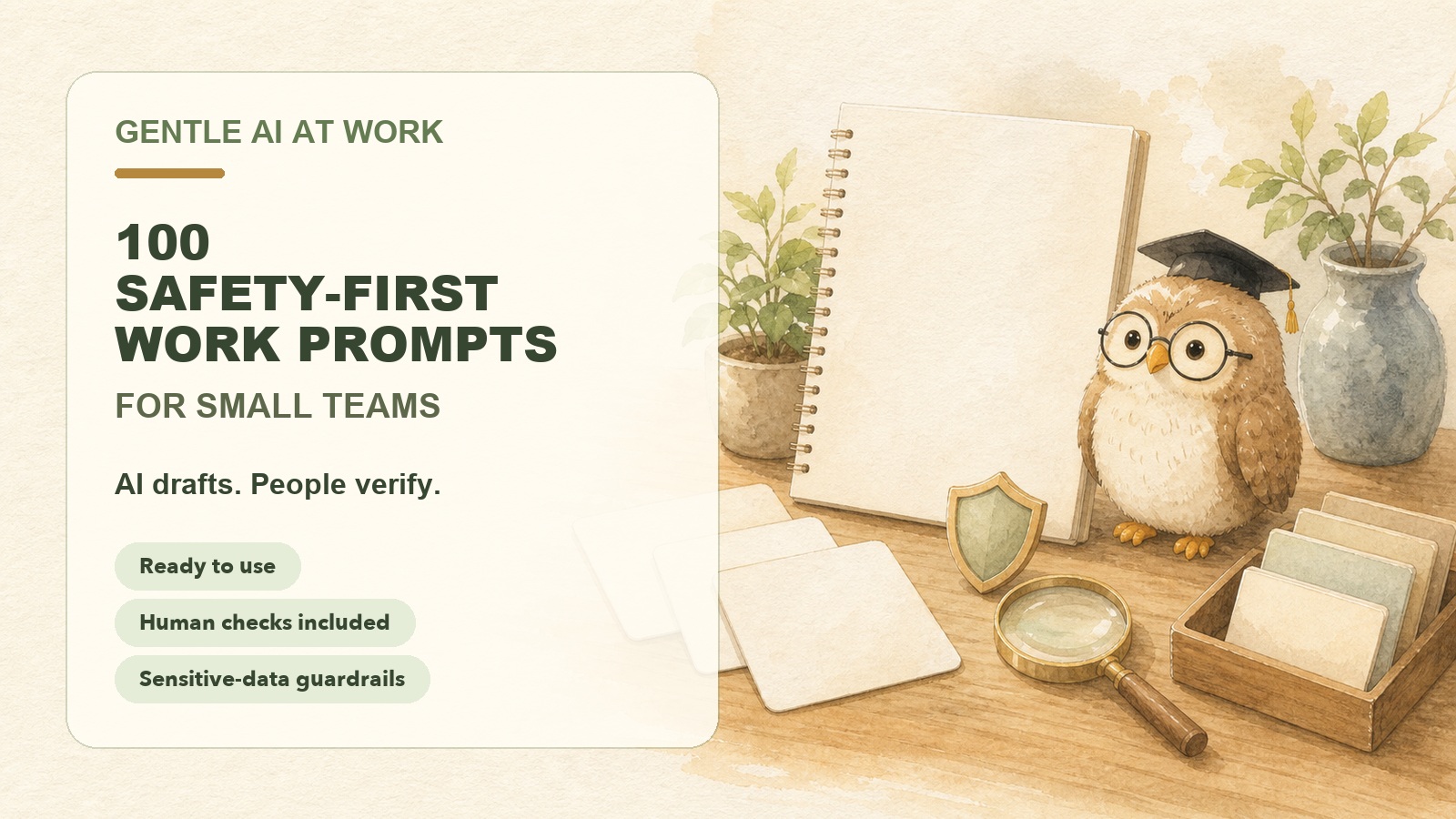 100 Safety-First Work Prompts for Small Teams, with Hoo the owl beside a workbook and safety cards