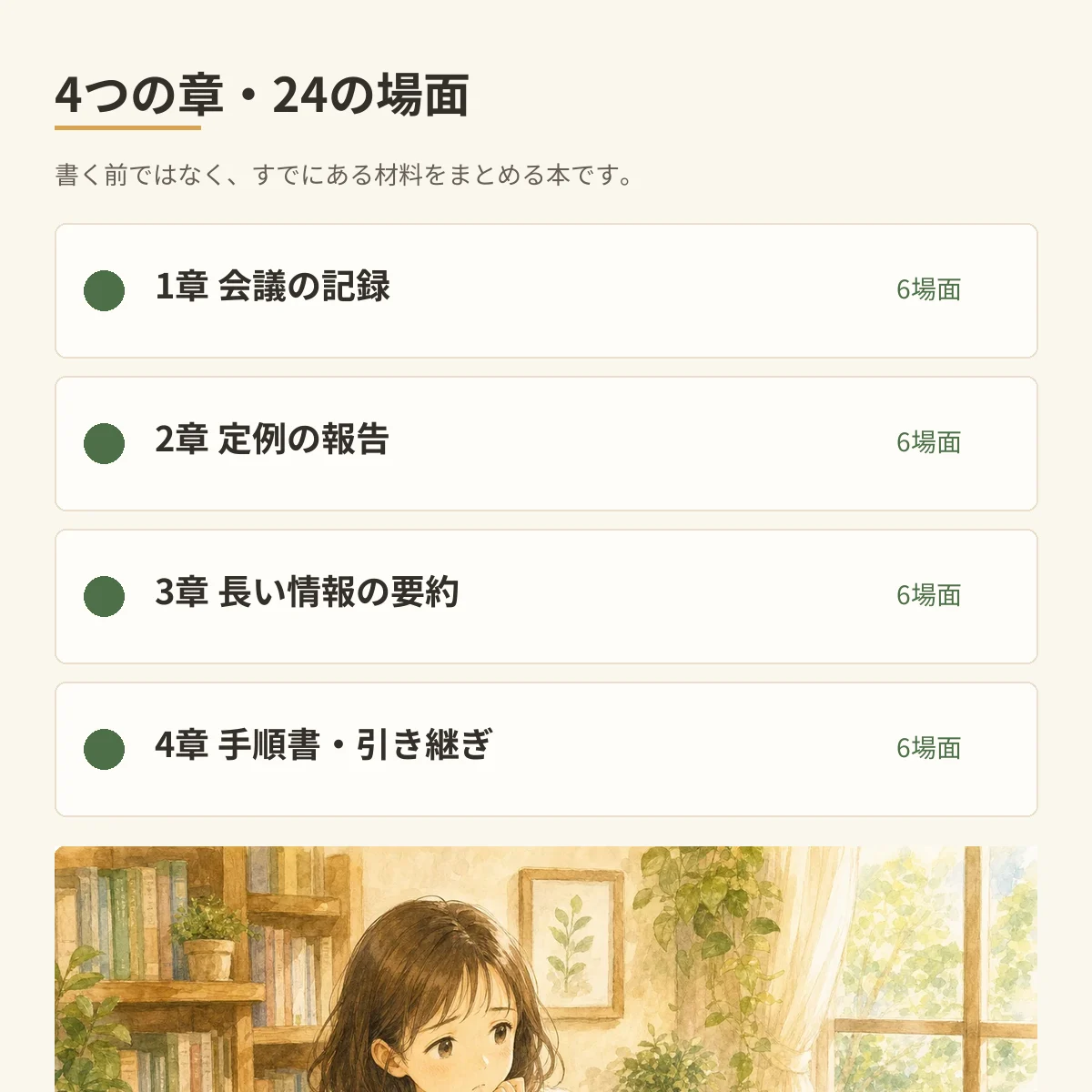 会議、報告、要約、手順書と引き継ぎの4章24場面