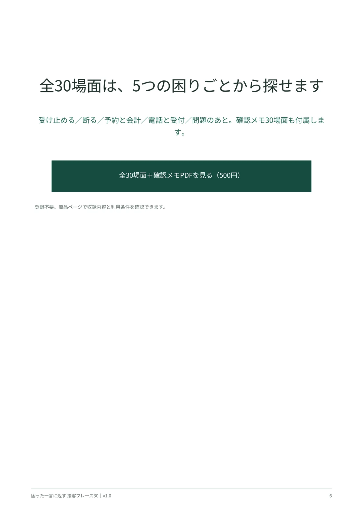 接客フレーズ30に収録する5つの困りごとと30場面の案内